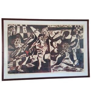 Vintage Signed and Numbered Woodcut or linocut Print Framed 41x29
